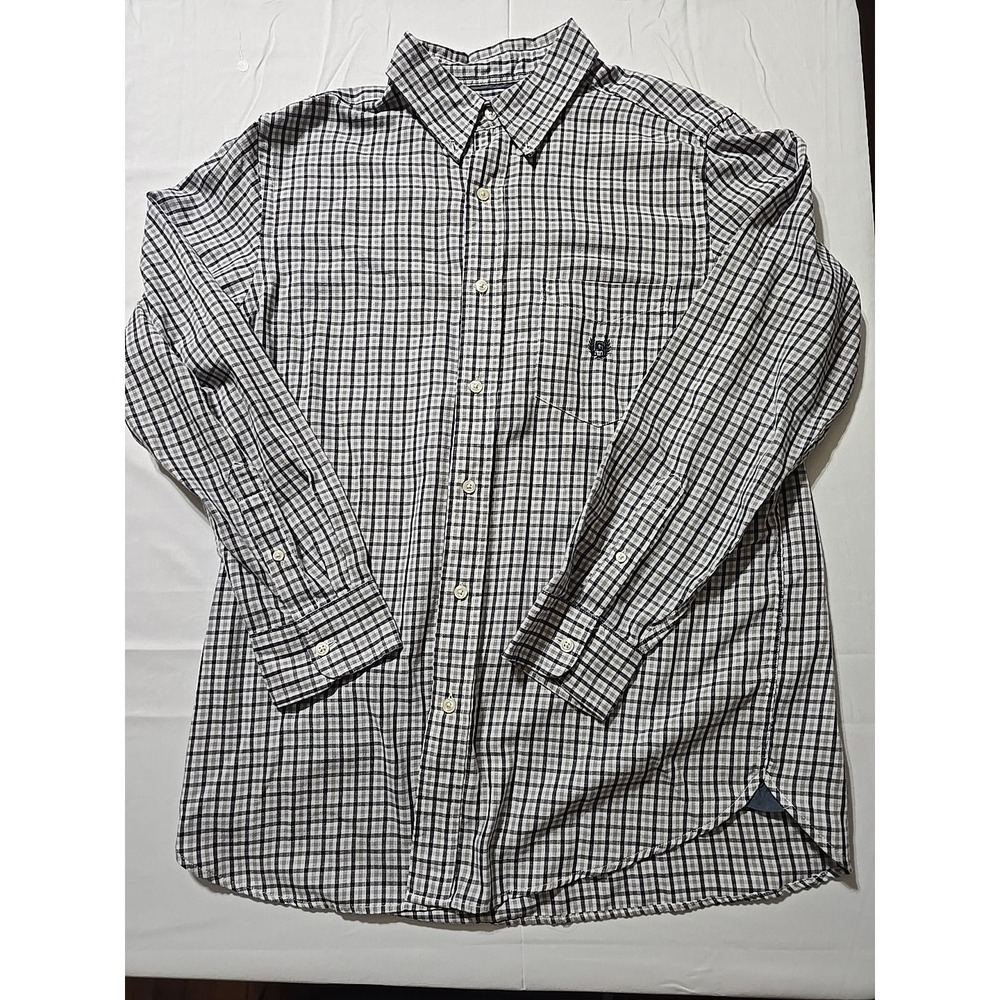 Chaps Ralph Lauren Mens Medium Grey Blue Plaid Button Down Long Sleeve Shirt